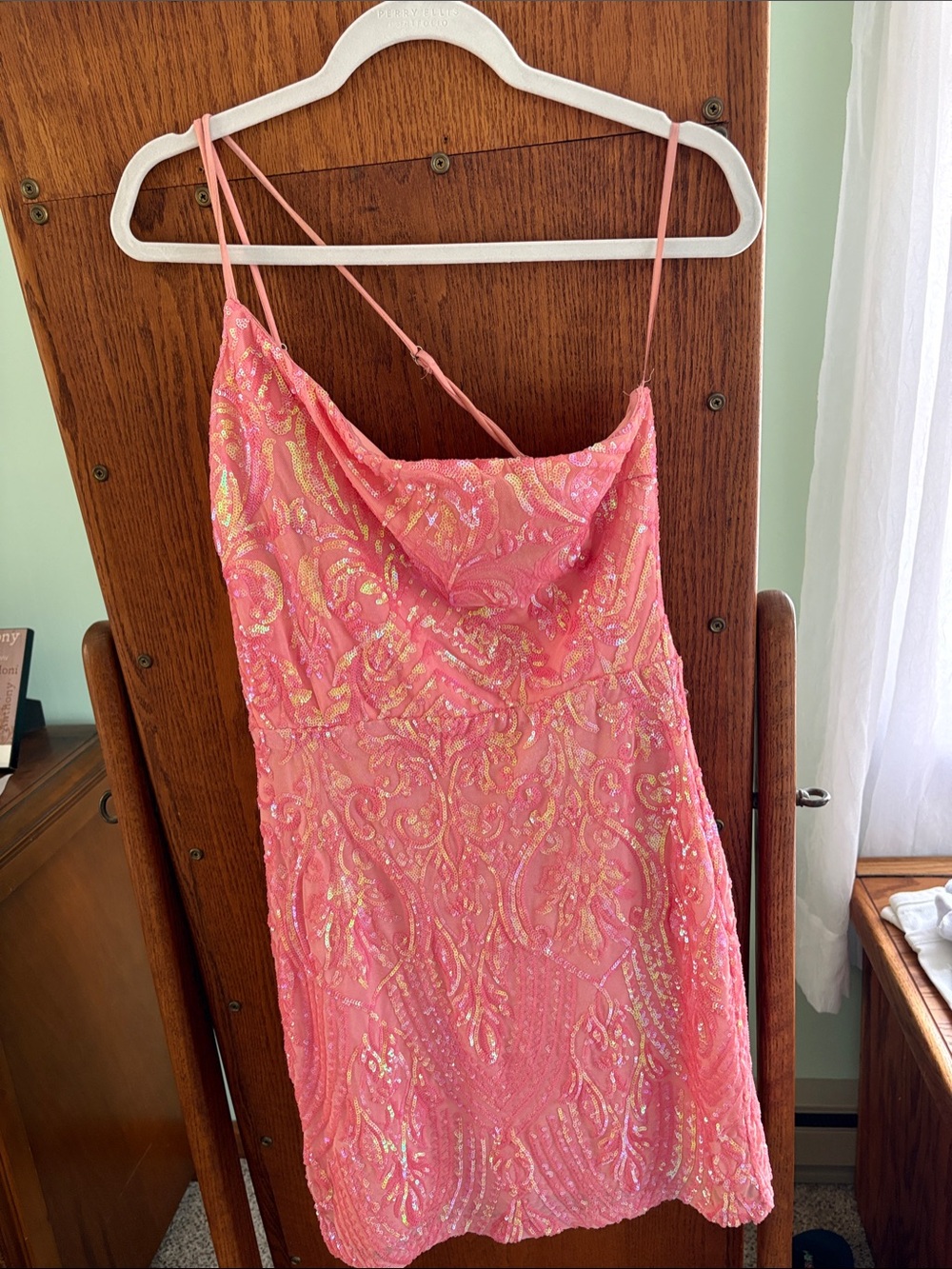 Windsor Melon one shoulder Beaded Mini Dress with Spaghetti Straps
